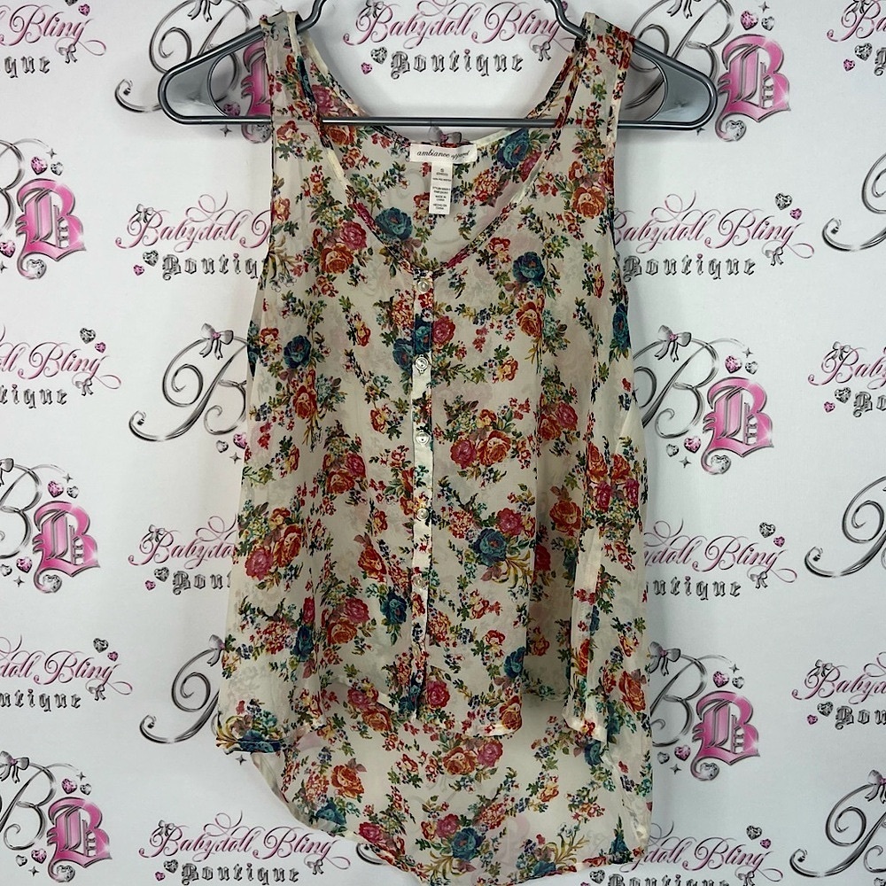 Ambiance apparel tank top roses blue red Floral Print Tank Top - Cream and Red